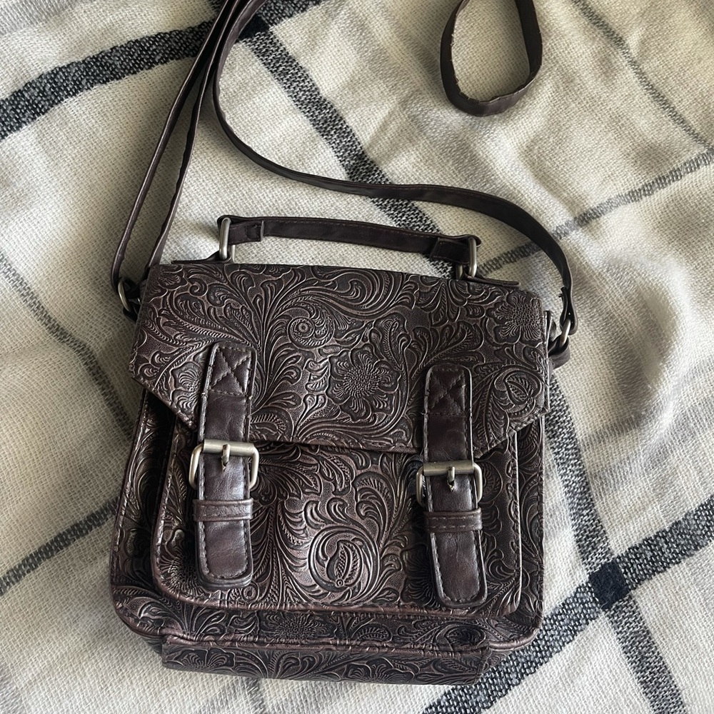 Faux leather floral embossed crossed body